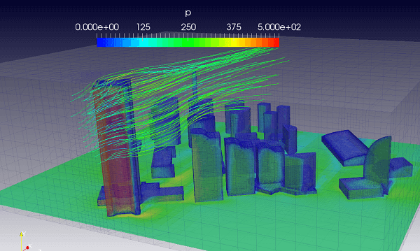 高層ビルの風圧も流体解析により同時に計算